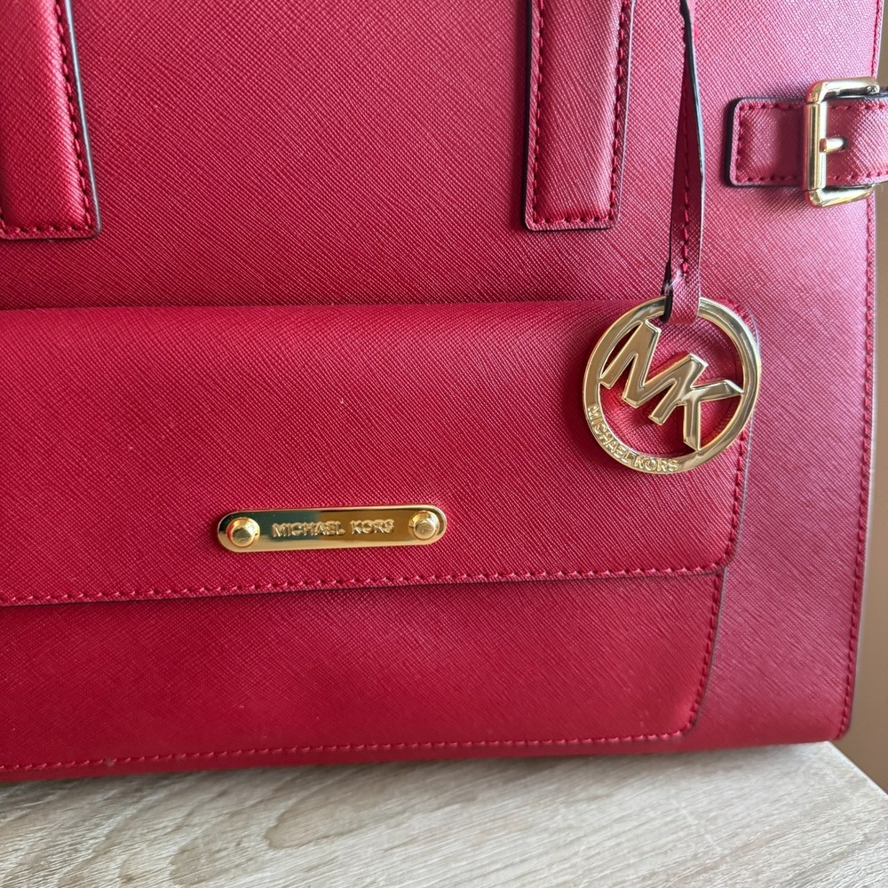 Michael‎ Kors Georgia Red Leather Large Zipper Front Snap Satchel Tote Bag EUC - Picture 4 of 12